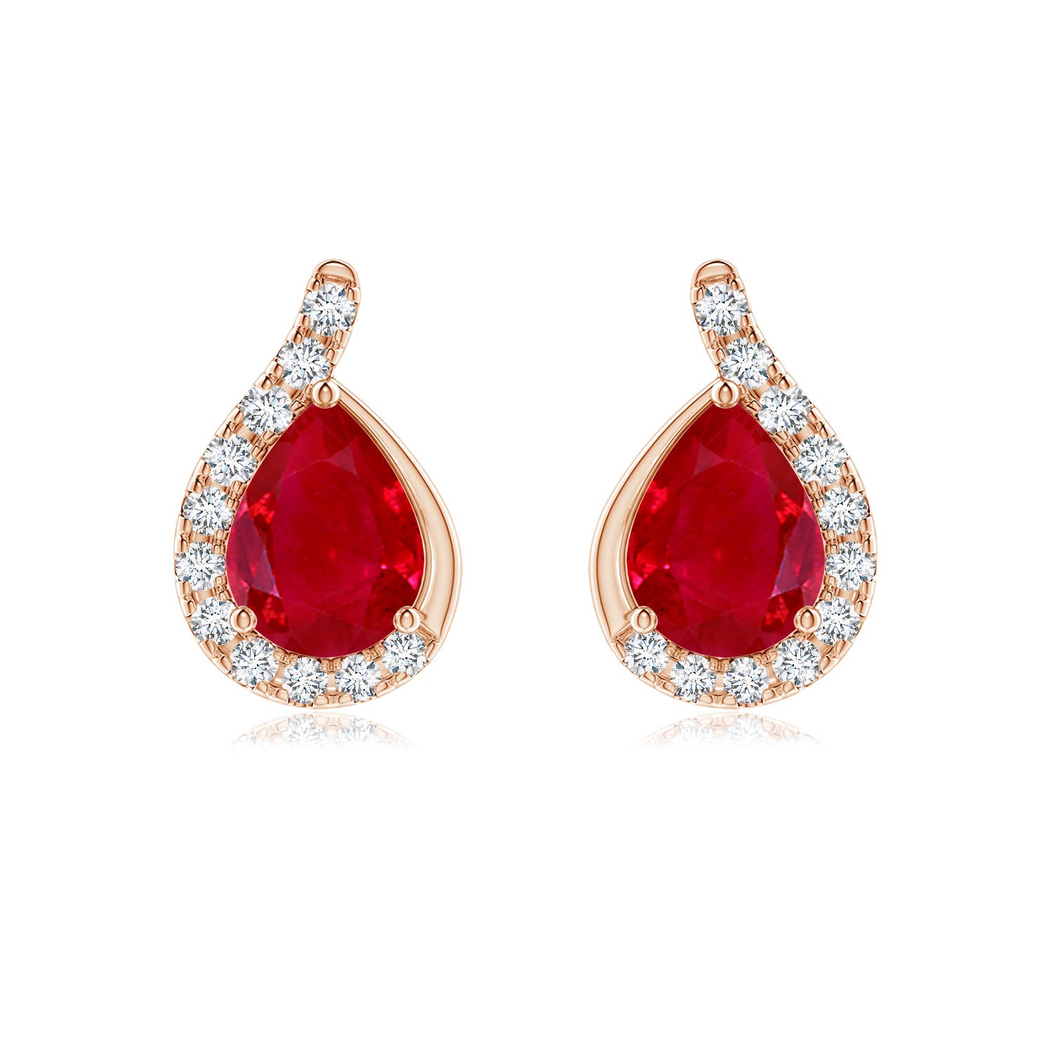 8x6mm AAA Pear Ruby Earrings with Diamond Swirl Frame in 18K Rose Gold