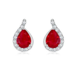 8x6mm AAA Pear Ruby Earrings with Diamond Swirl Frame in 18K White Gold