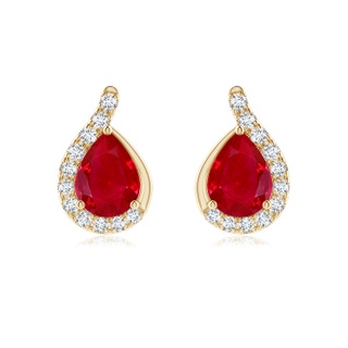 8x6mm AAA Pear Ruby Earrings with Diamond Swirl Frame in 18K Yellow Gold