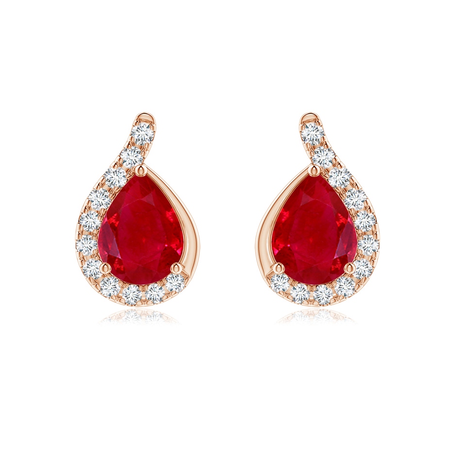 8x6mm AAA Pear Ruby Earrings with Diamond Swirl Frame in Rose Gold 