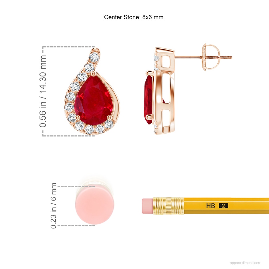 8x6mm AAA Pear Ruby Earrings with Diamond Swirl Frame in Rose Gold ruler