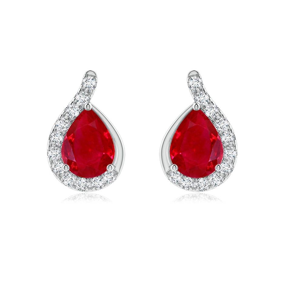 8x6mm AAA Pear Ruby Earrings with Diamond Swirl Frame in White Gold 