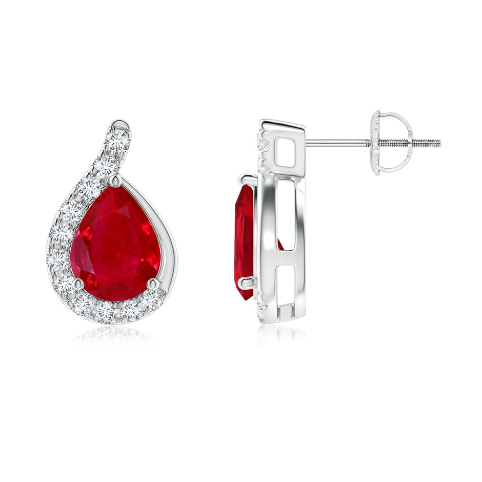 8x6mm AAA Pear Ruby Earrings with Diamond Swirl Frame in White Gold side 199
