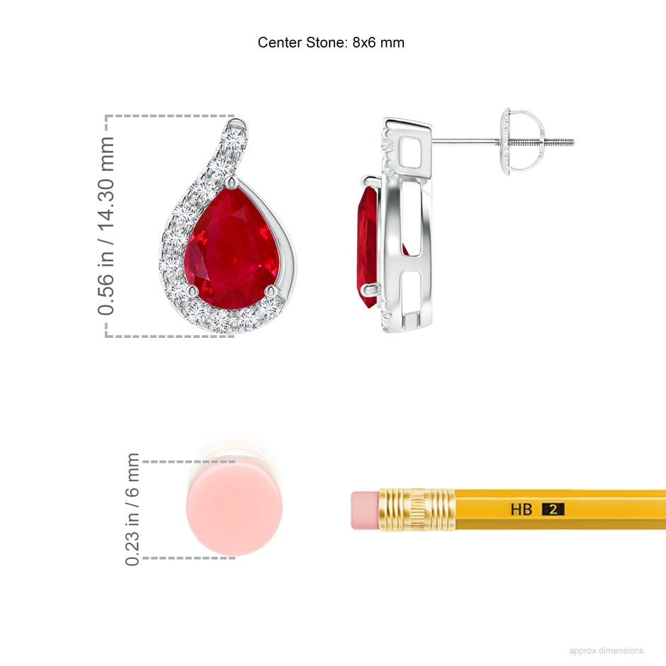8x6mm AAA Pear Ruby Earrings with Diamond Swirl Frame in White Gold ruler
