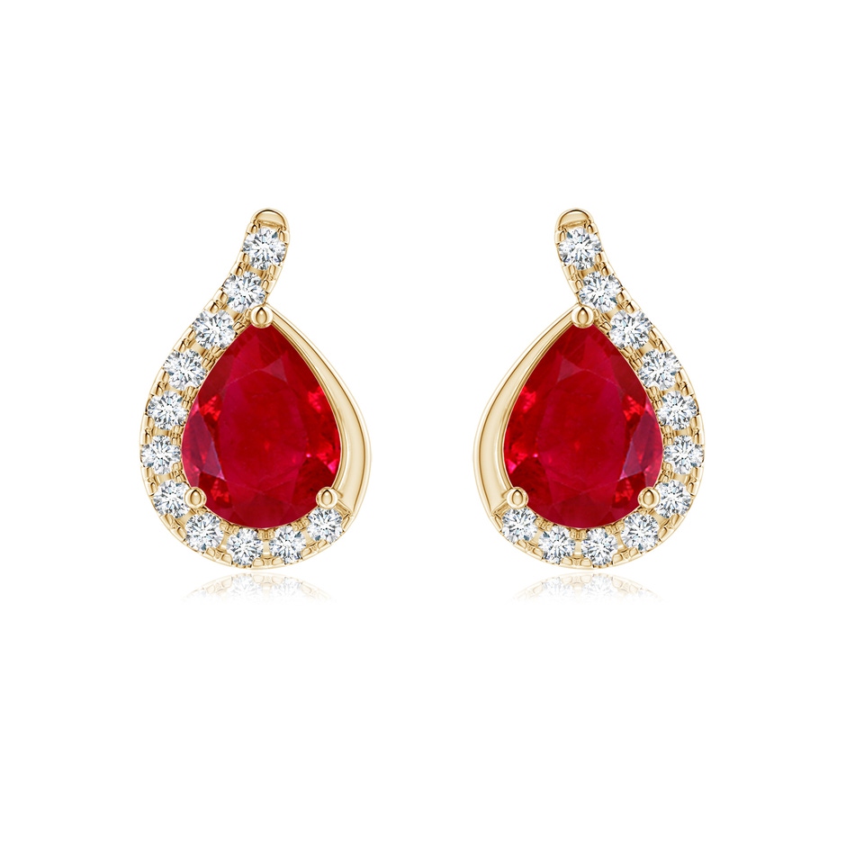 8x6mm AAA Pear Ruby Earrings with Diamond Swirl Frame in Yellow Gold 