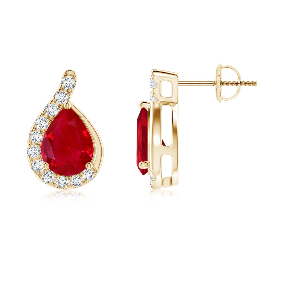 8x6mm AAA Pear Ruby Earrings with Diamond Swirl Frame in Yellow Gold side 199
