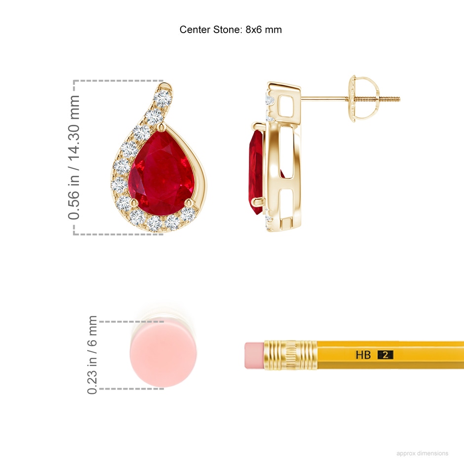 8x6mm AAA Pear Ruby Earrings with Diamond Swirl Frame in Yellow Gold ruler