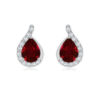 8x6mm AAAA Pear Ruby Earrings with Diamond Swirl Frame in 18K White Gold