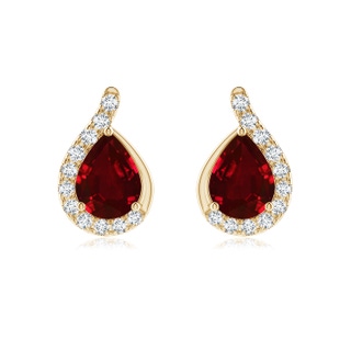 8x6mm AAAA Pear Ruby Earrings with Diamond Swirl Frame in 18K Yellow Gold