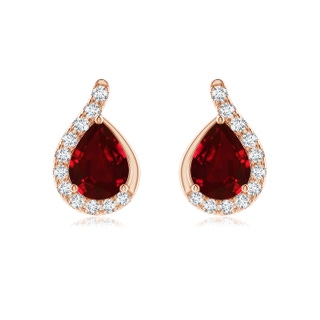 8x6mm AAAA Pear Ruby Earrings with Diamond Swirl Frame in 9K Rose Gold