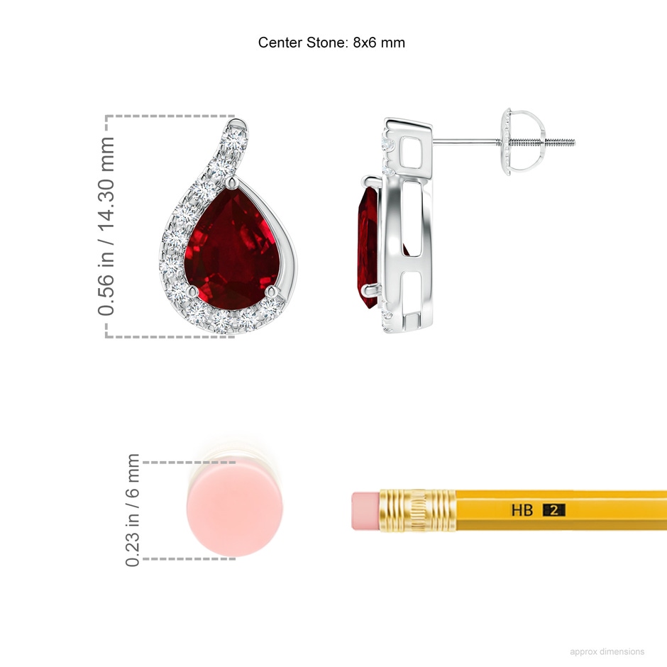 8x6mm AAAA Pear Ruby Earrings with Diamond Swirl Frame in P950 Platinum ruler