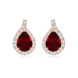 8x6mm AAAA Pear Ruby Earrings with Diamond Swirl Frame in Rose Gold