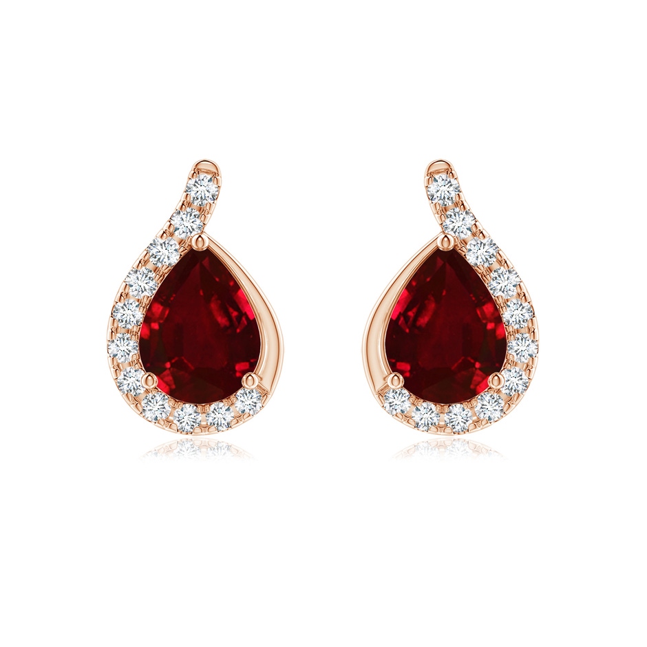 8x6mm AAAA Pear Ruby Earrings with Diamond Swirl Frame in Rose Gold 