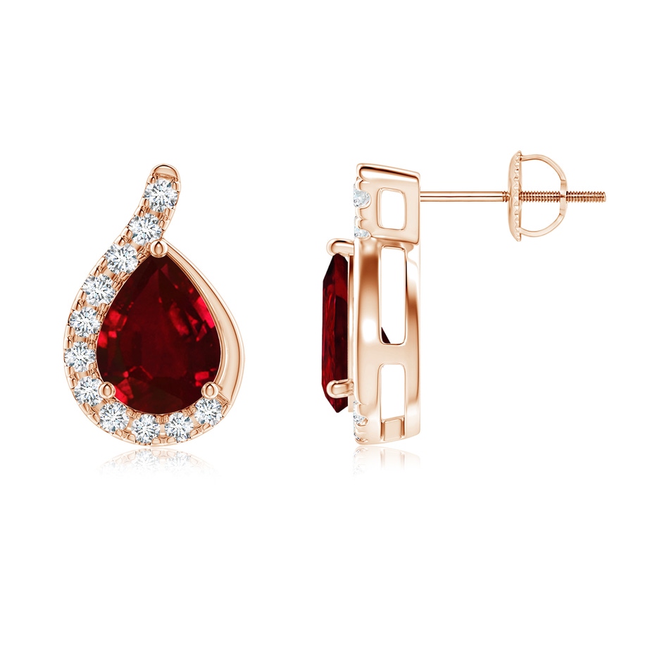 8x6mm AAAA Pear Ruby Earrings with Diamond Swirl Frame in Rose Gold side 199