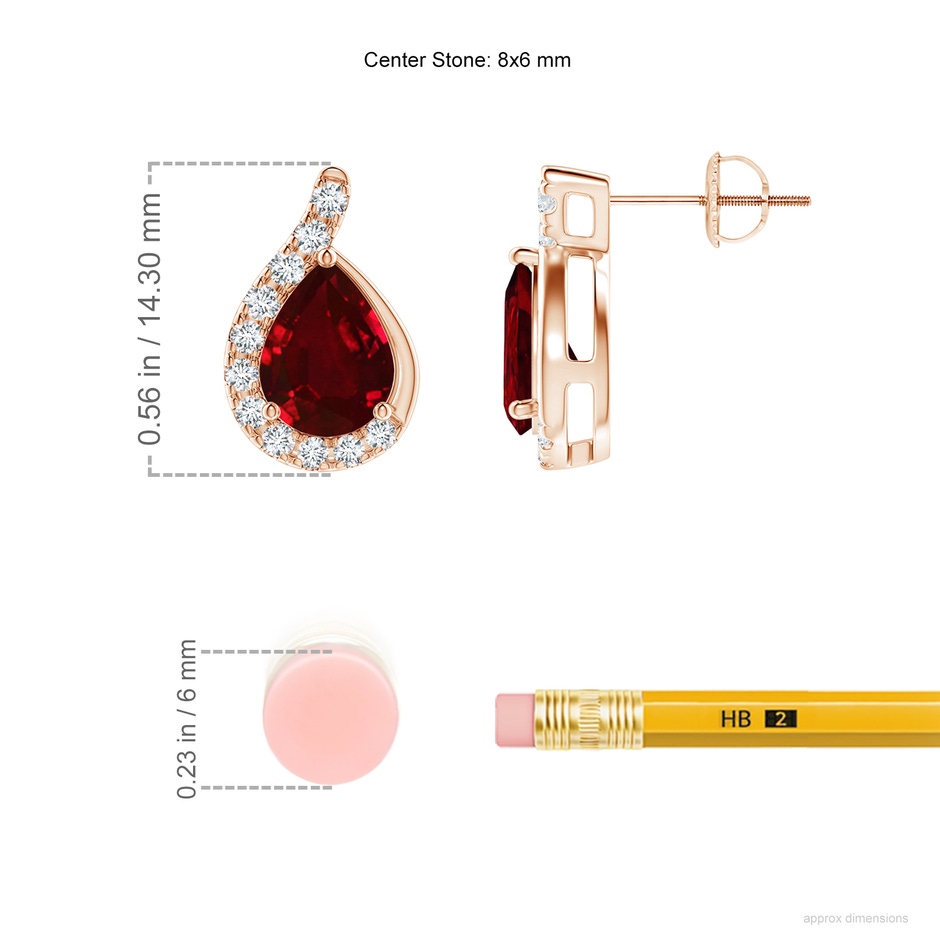8x6mm AAAA Pear Ruby Earrings with Diamond Swirl Frame in Rose Gold ruler