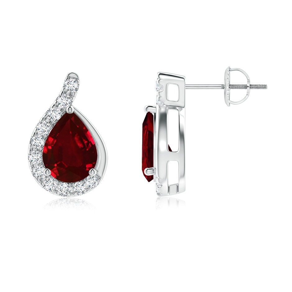 8x6mm AAAA Pear Ruby Earrings with Diamond Swirl Frame in White Gold side 199