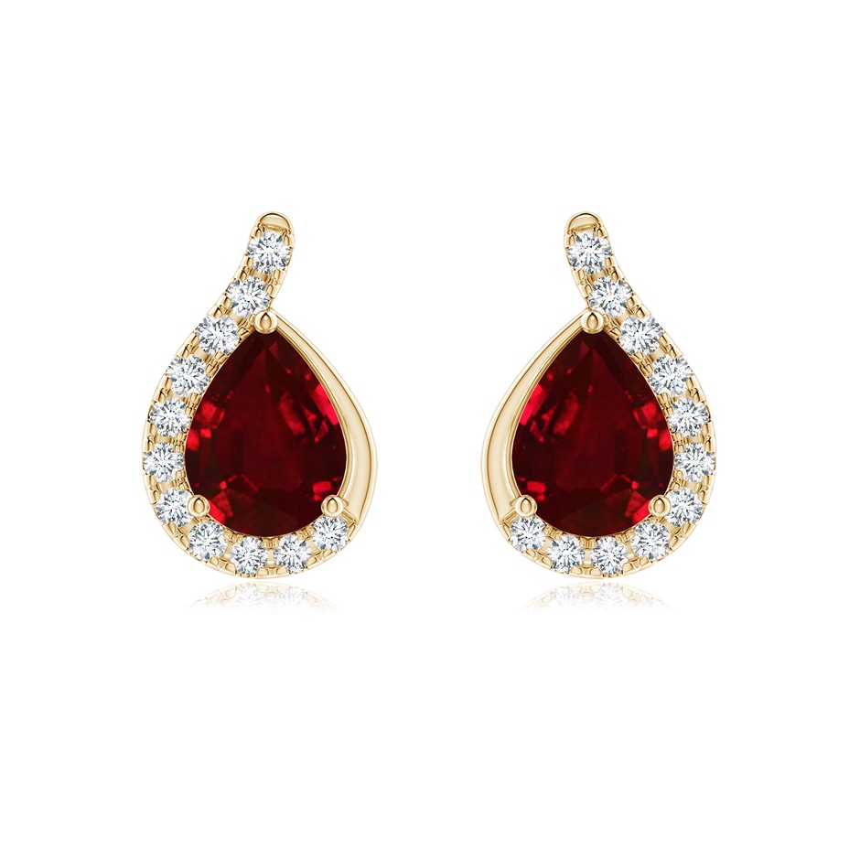 8x6mm AAAA Pear Ruby Earrings with Diamond Swirl Frame in Yellow Gold 