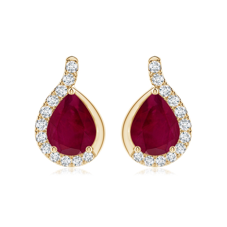 9x7mm A Pear Ruby Earrings with Diamond Swirl Frame in Yellow Gold 