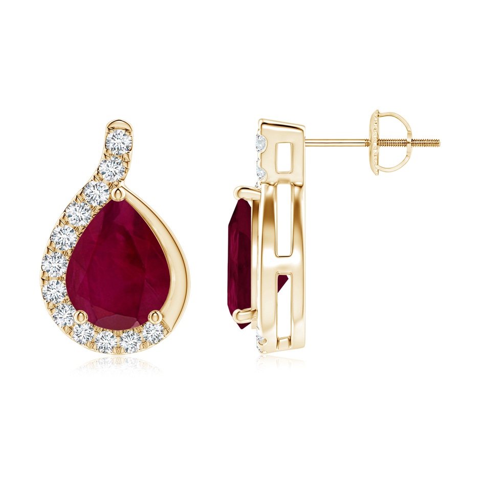 9x7mm A Pear Ruby Earrings with Diamond Swirl Frame in Yellow Gold side 199