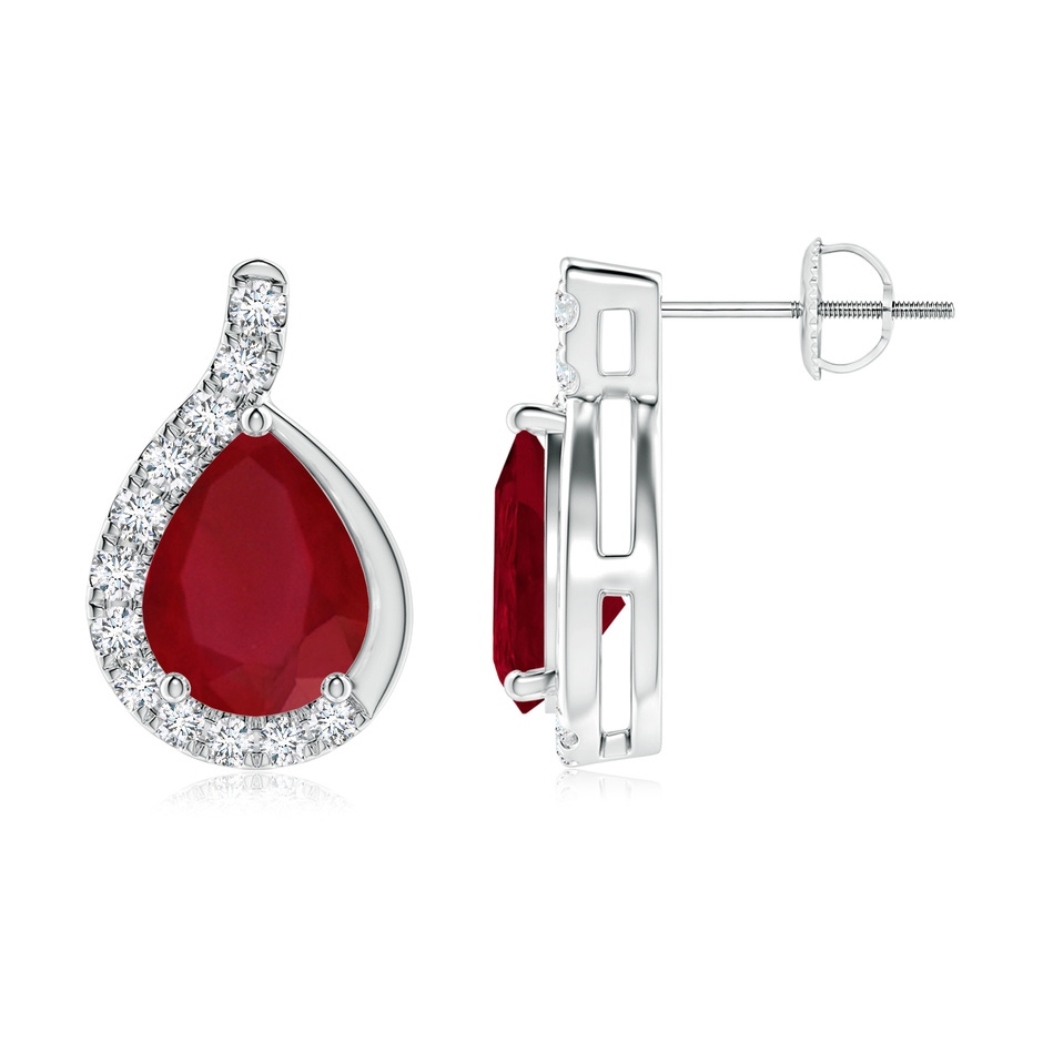 9x7mm AA Pear Ruby Earrings with Diamond Swirl Frame in 18K White Gold side 199