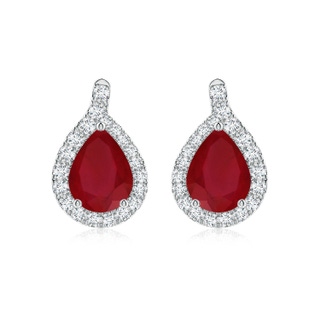 9x7mm AA Pear Ruby Earrings with Diamond Swirl Frame in P950 Platinum