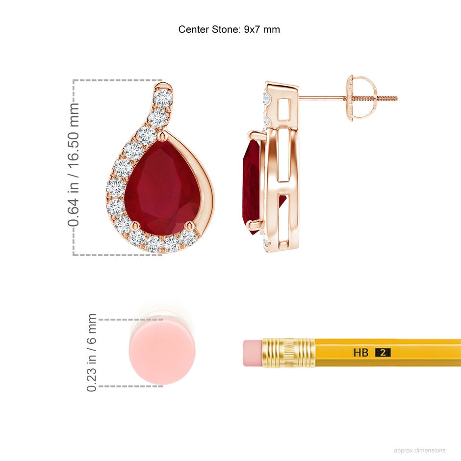 9x7mm AA Pear Ruby Earrings with Diamond Swirl Frame in Rose Gold ruler