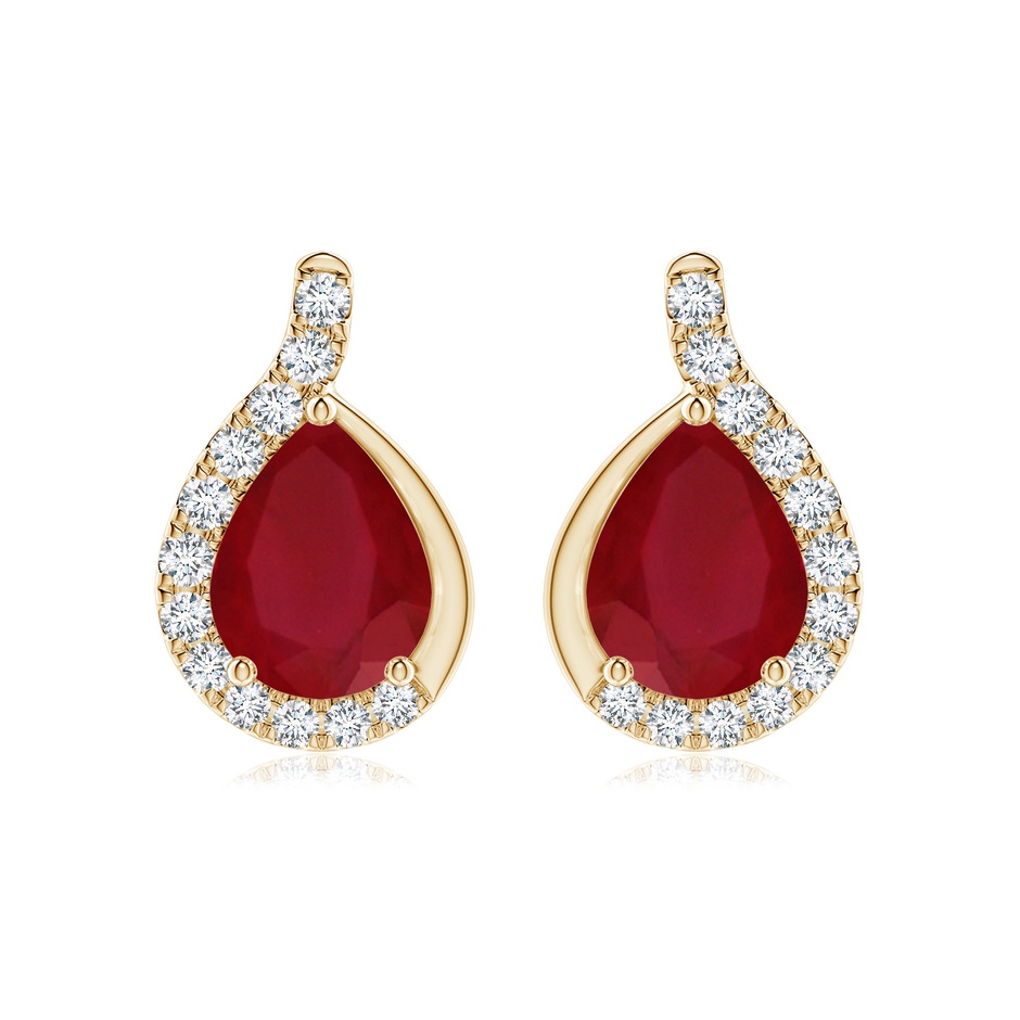 9x7mm AA Pear Ruby Earrings with Diamond Swirl Frame in Yellow Gold 