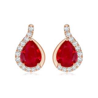 9x7mm AAA Pear Ruby Earrings with Diamond Swirl Frame in 10K Rose Gold