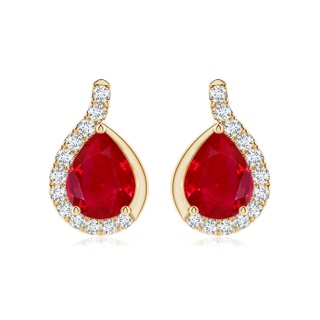 9x7mm AAA Pear Ruby Earrings with Diamond Swirl Frame in 18K Yellow Gold