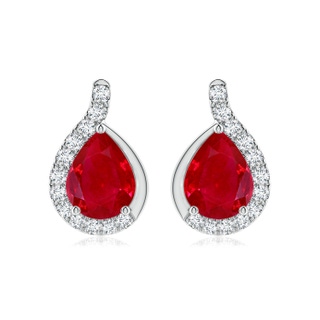 9x7mm AAA Pear Ruby Earrings with Diamond Swirl Frame in P950 Platinum