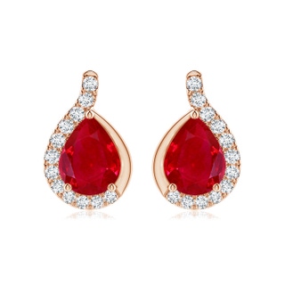 9x7mm AAA Pear Ruby Earrings with Diamond Swirl Frame in Rose Gold