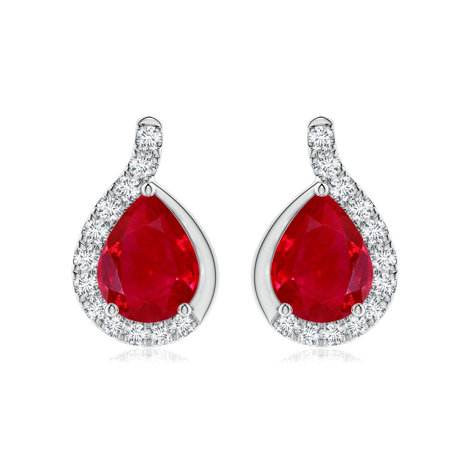 9x7mm AAA Pear Ruby Earrings with Diamond Swirl Frame in White Gold 