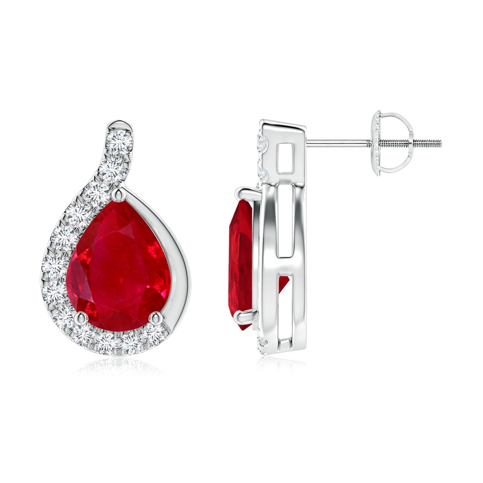 9x7mm AAA Pear Ruby Earrings with Diamond Swirl Frame in White Gold side 199