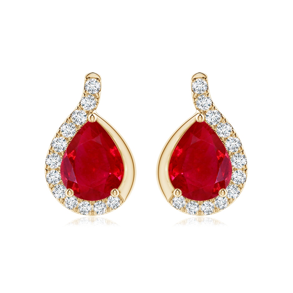 9x7mm AAA Pear Ruby Earrings with Diamond Swirl Frame in Yellow Gold 