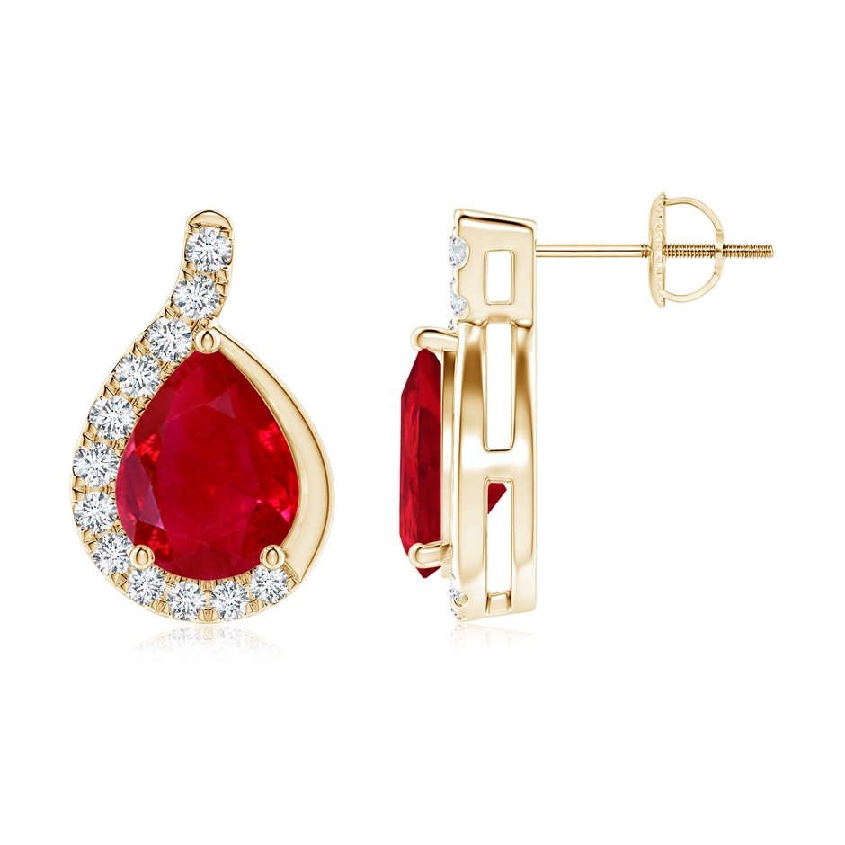 9x7mm AAA Pear Ruby Earrings with Diamond Swirl Frame in Yellow Gold side 199
