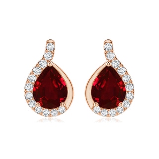 9x7mm AAAA Pear Ruby Earrings with Diamond Swirl Frame in Rose Gold