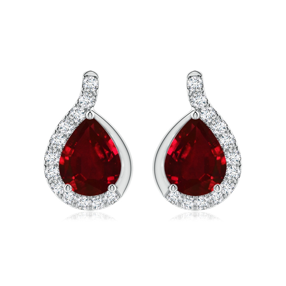 9x7mm AAAA Pear Ruby Earrings with Diamond Swirl Frame in White Gold 