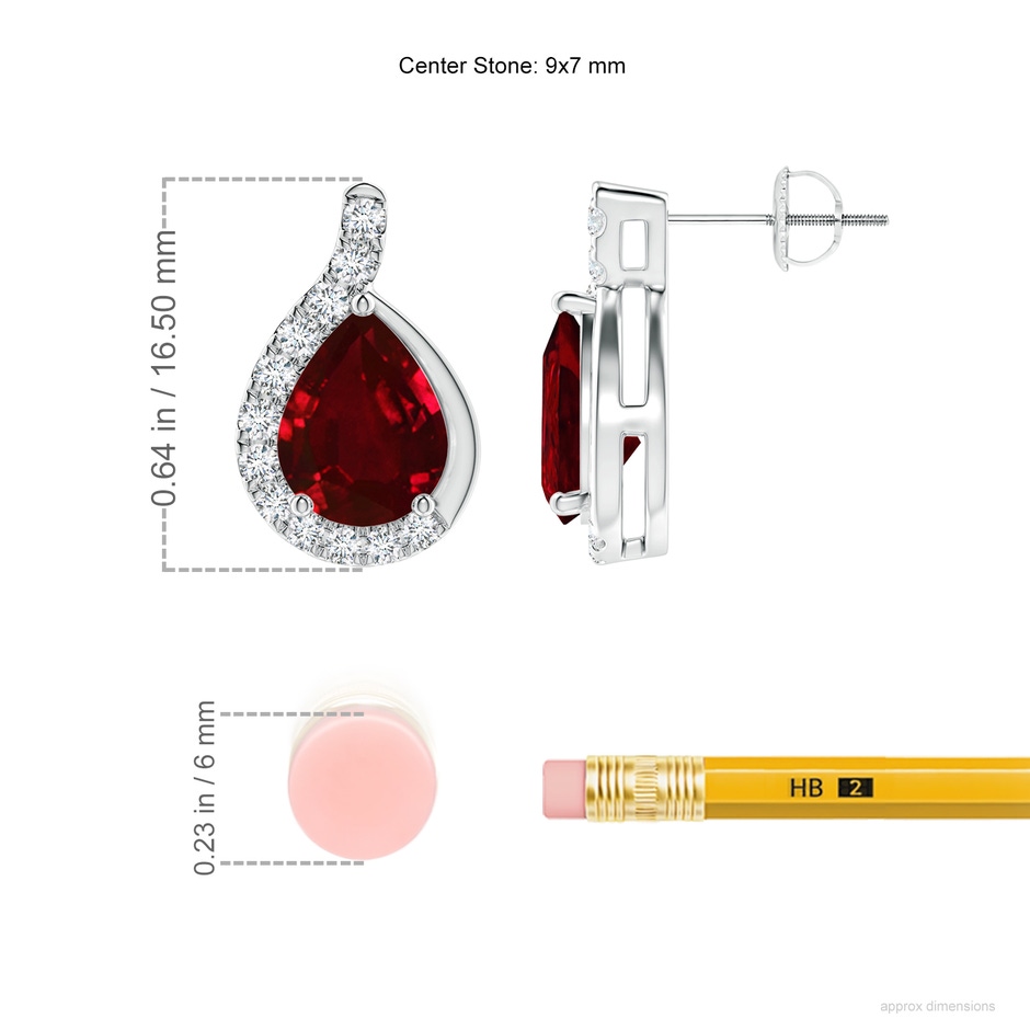 9x7mm AAAA Pear Ruby Earrings with Diamond Swirl Frame in White Gold ruler