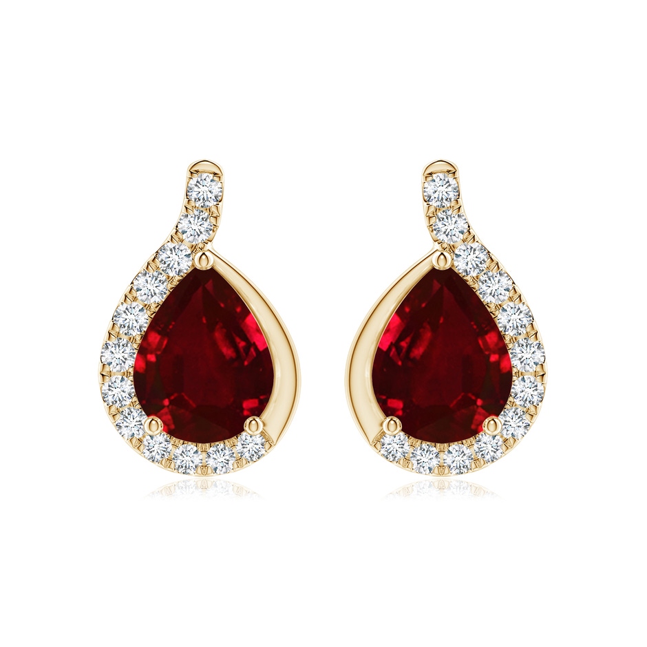 9x7mm AAAA Pear Ruby Earrings with Diamond Swirl Frame in Yellow Gold 