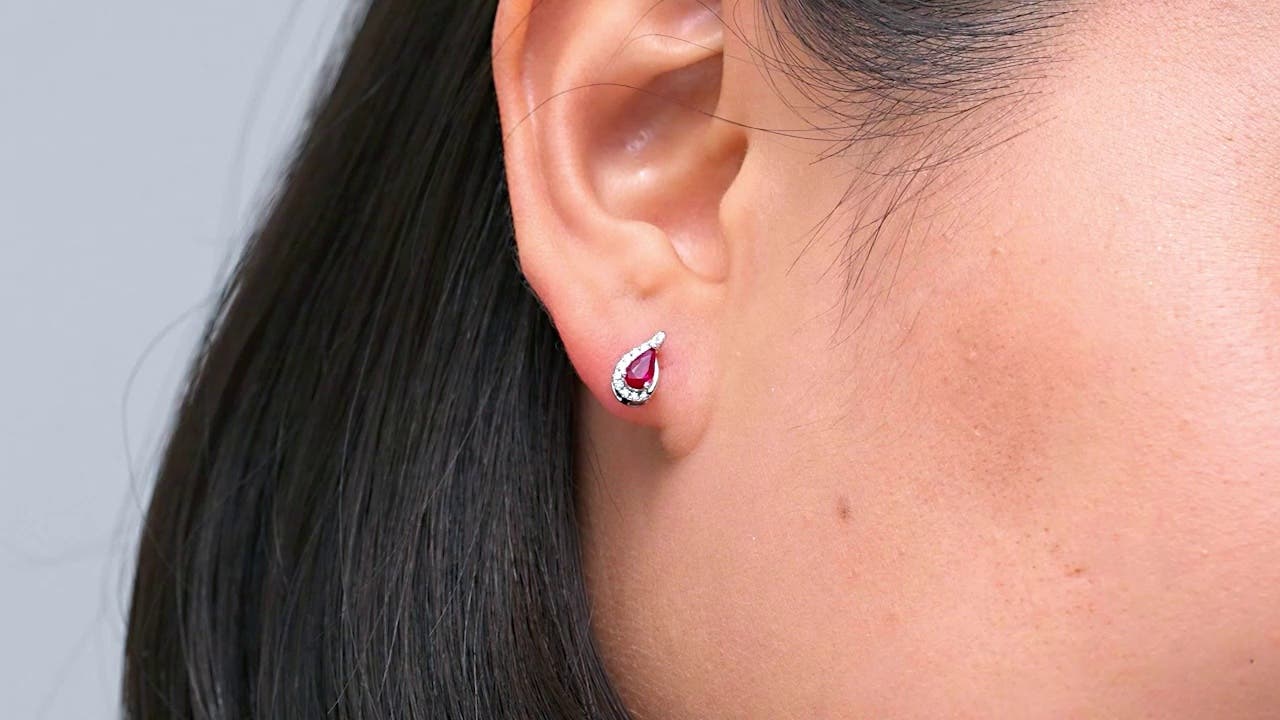 Ruby♥୨୧˙˳⋆﻿　　0118 Pear Ruby Earrings with Diamond Swirl Frame