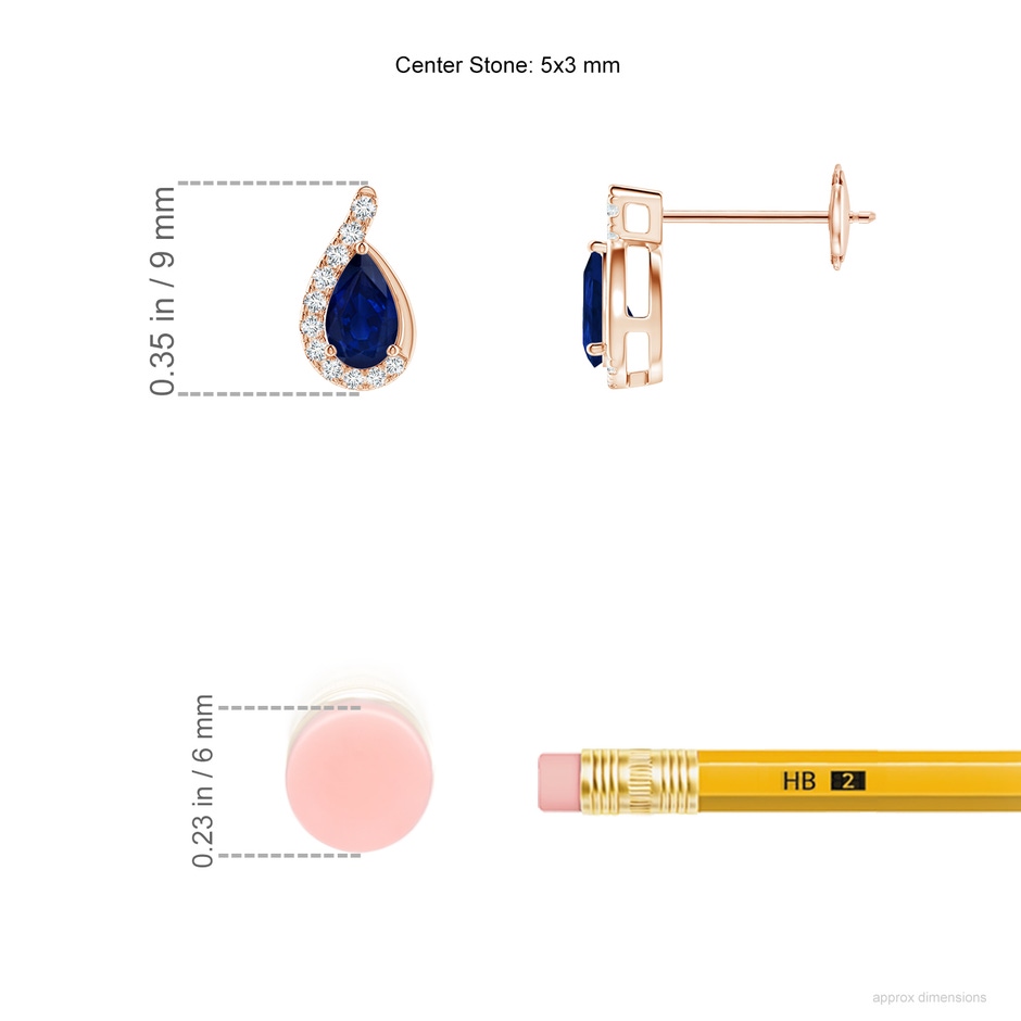 5x3mm AA Pear Blue Sapphire Earrings with Diamond Swirl Frame in Rose Gold ruler