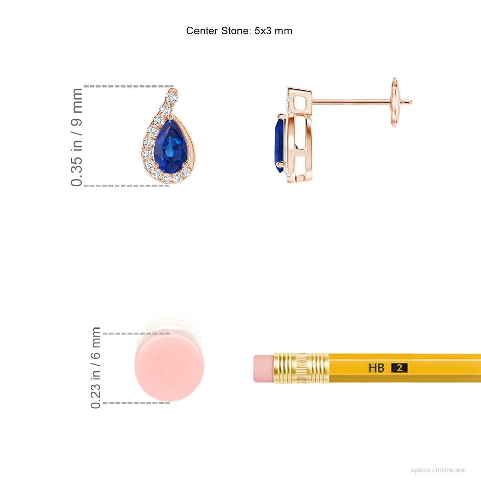 5x3mm AAA Pear Blue Sapphire Earrings with Diamond Swirl Frame in 9K Rose Gold ruler