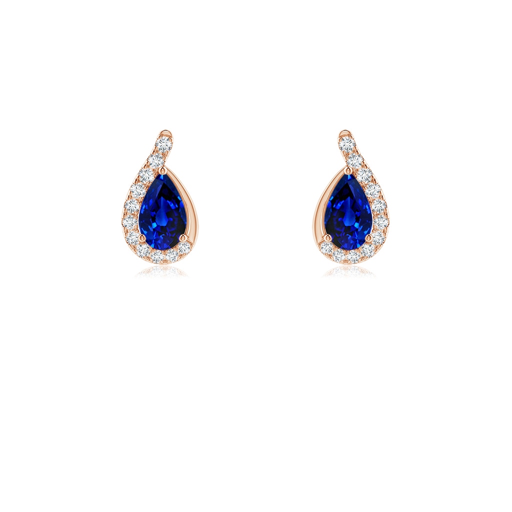 5x3mm AAAA Pear Blue Sapphire Earrings with Diamond Swirl Frame in Rose Gold