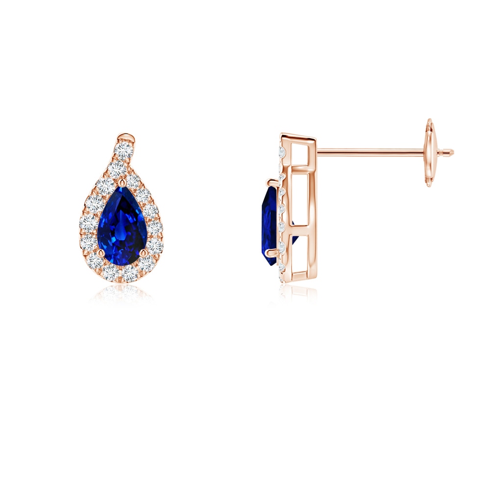 5x3mm AAAA Pear Blue Sapphire Earrings with Diamond Swirl Frame in Rose Gold Side 199