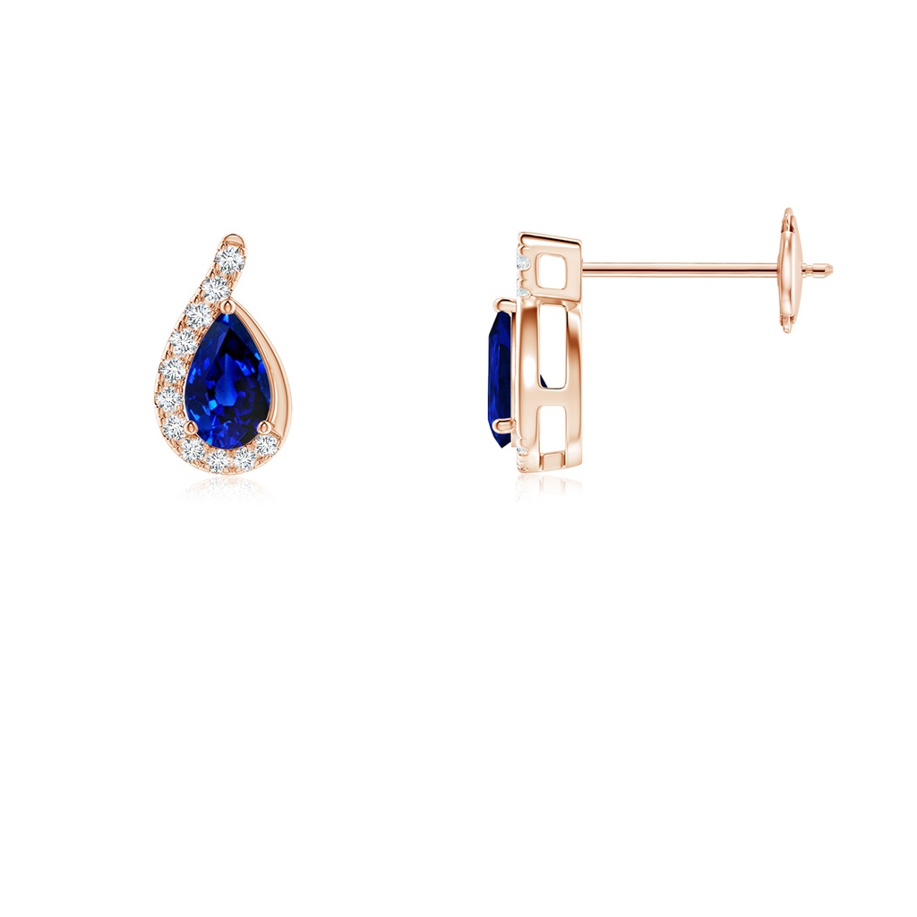 5x3mm AAAA Pear Blue Sapphire Earrings with Diamond Swirl Frame in Rose Gold - side 199