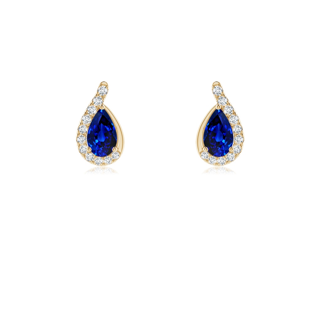5x3mm AAAA Pear Blue Sapphire Earrings with Diamond Swirl Frame in Yellow Gold