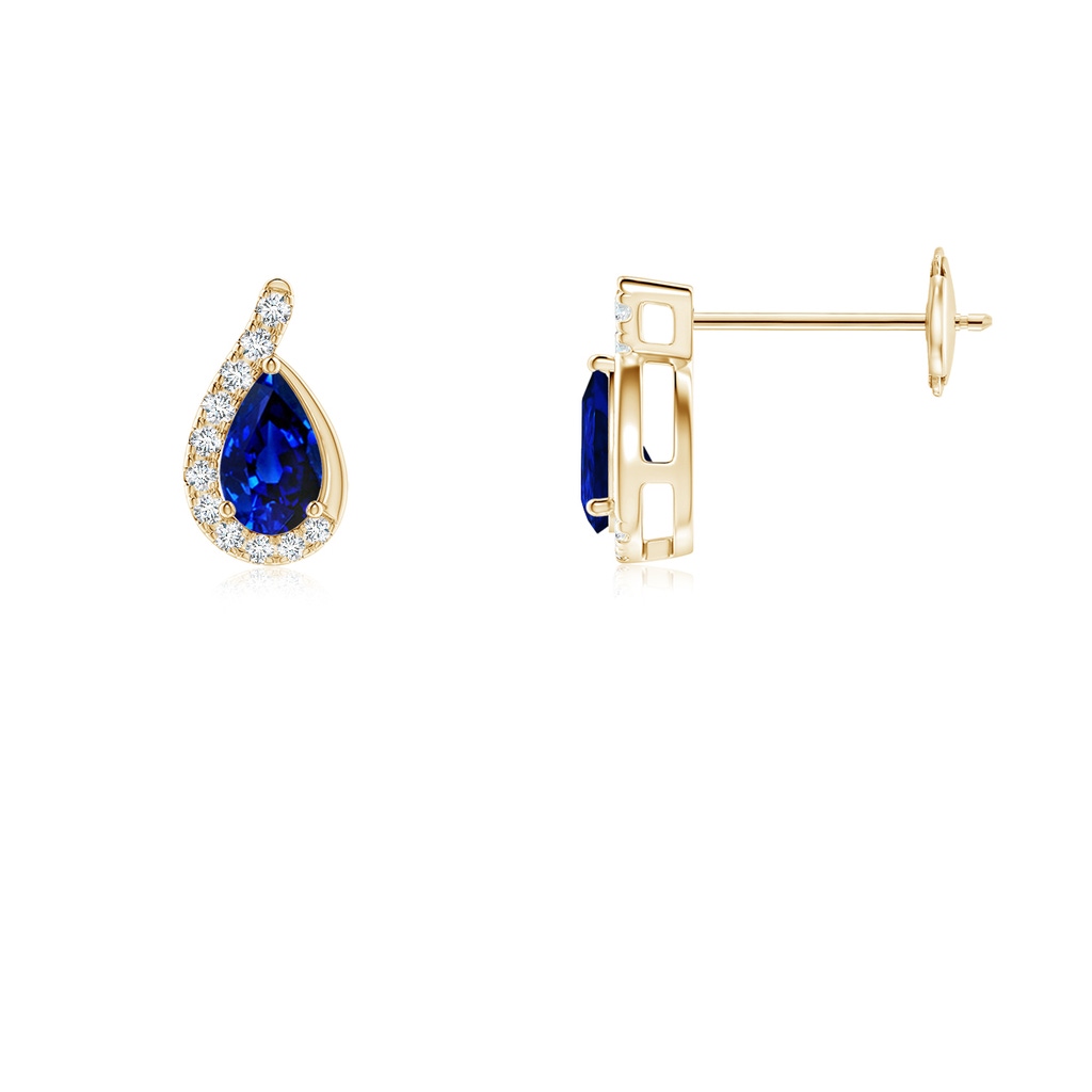 5x3mm AAAA Pear Blue Sapphire Earrings with Diamond Swirl Frame in Yellow Gold - side 199