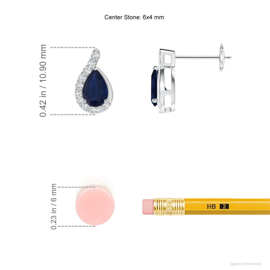 6x4mm A Pear Blue Sapphire Earrings with Diamond Swirl Frame in White Gold ruler