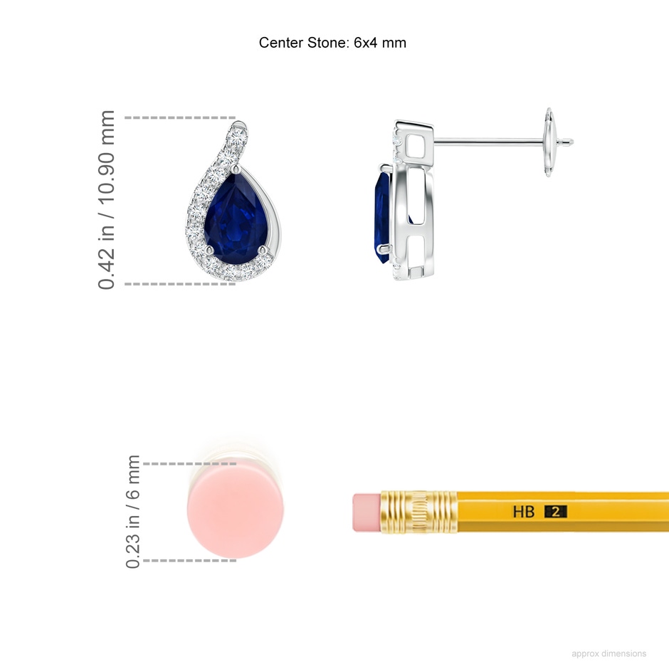 6x4mm AA Pear Blue Sapphire Earrings with Diamond Swirl Frame in White Gold ruler
