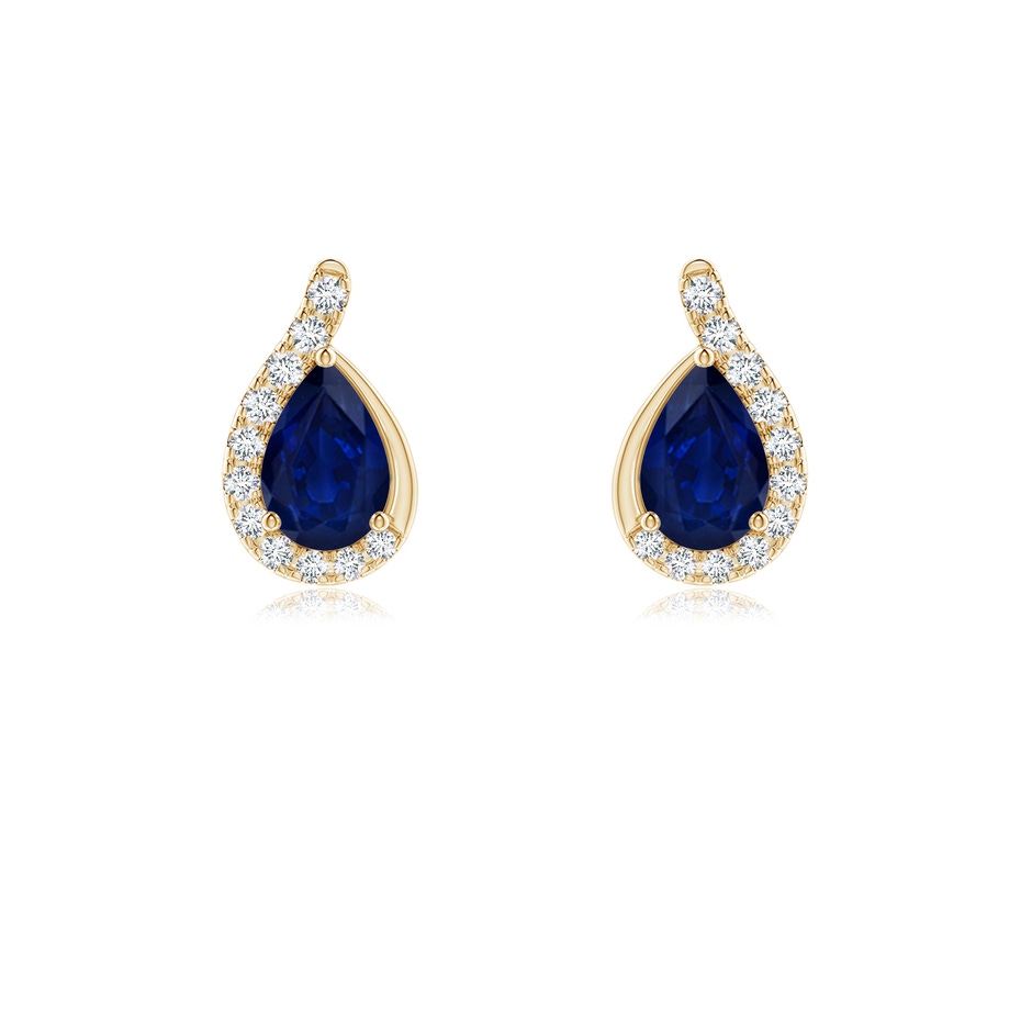 6x4mm AA Pear Blue Sapphire Earrings with Diamond Swirl Frame in Yellow Gold 